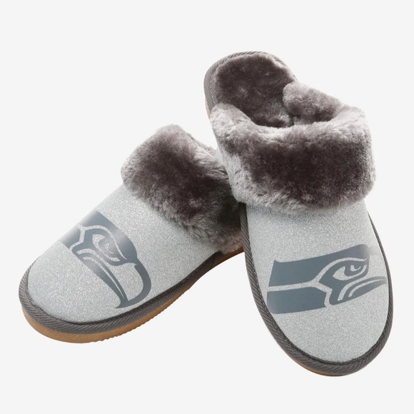 Foco Shoes - Seattle Seahawks Women's Glitter Open Back Fur Moccasin Slippers Size Large 9-10